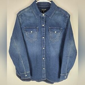 True Religion womens M Denim Western Snap Button Shirt Blue‎ Horseshoe Pockets